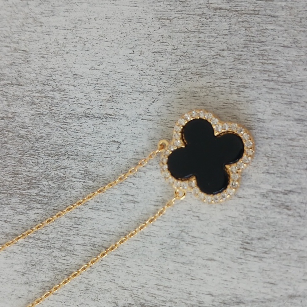 Rachel Zoe Sterling Silver 925 Clover Gold Plated Reversibl Necklace Pearl Black